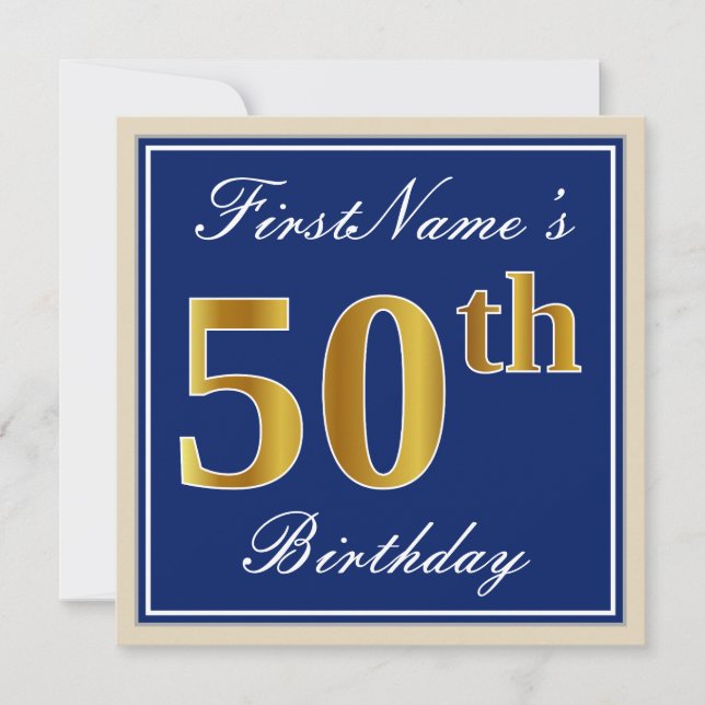 Elegant, Blue, Faux Gold 50th Birthday + Name Invitation (Front)