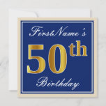 [ Thumbnail: Elegant, Blue, Faux Gold 50th Birthday + Name Invitation ]