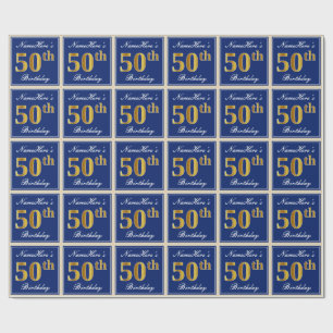Elegant, Blue, Faux Gold 50th Birthday + Name Wrapping Paper