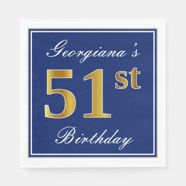 Elegant Blue, Faux Gold 51st Birthday; Custom Name Napkins (Front)