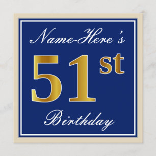 Elegant, Blue, Faux Gold 51st Birthday + Name Invitation