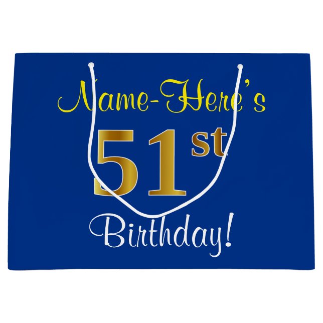 Elegant, Blue, Faux Gold 51st Birthday + Name Large Gift Bag (Front)