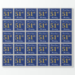 [ Thumbnail: Elegant, Blue, Faux Gold 51st Birthday + Name Wrapping Paper ]