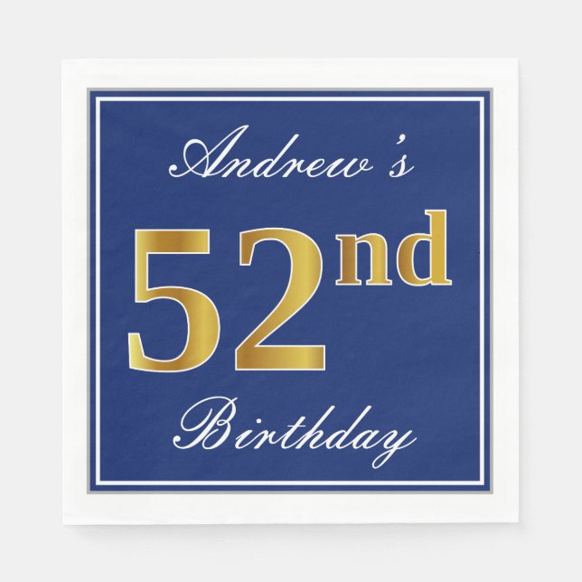 Elegant Blue, Faux Gold 52nd Birthday; Custom Name Napkins (Front)