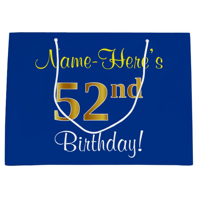 Elegant, Blue, Faux Gold 52nd Birthday + Name Large Gift Bag (Front)