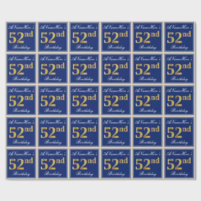 Elegant, Blue, Faux Gold 52nd Birthday + Name Wrapping Paper (Flat)