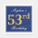 [ Thumbnail: Elegant Blue, Faux Gold 53rd Birthday; Custom Name Napkins ]