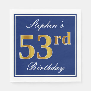 Elegant Blue, Faux Gold 53rd Birthday; Custom Name Napkins