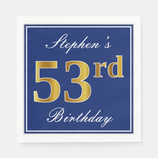 Elegant Blue, Faux Gold 53rd Birthday; Custom Name Napkins (Front)