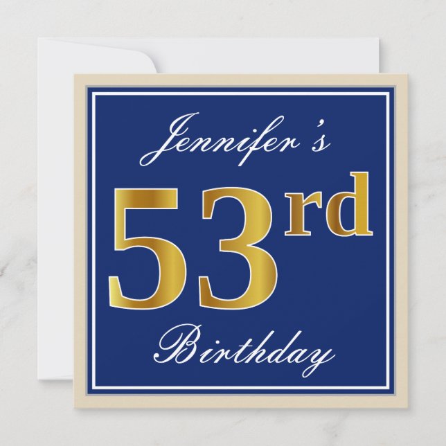 Elegant, Blue, Faux Gold 53rd Birthday + Name Invitation (Front)