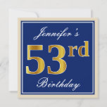 [ Thumbnail: Elegant, Blue, Faux Gold 53rd Birthday + Name Invitation ]