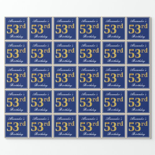 Elegant Blue Faux Gold 53rd Birthday  Name Wrapping Paper