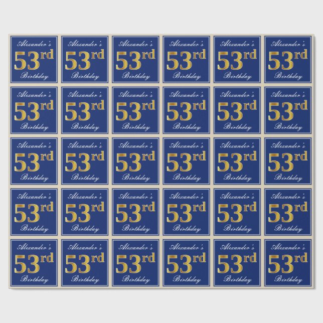 Elegant, Blue, Faux Gold 53rd Birthday + Name Wrapping Paper (Flat)