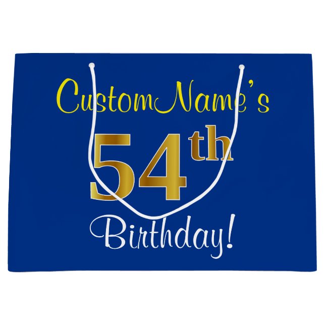 Elegant, Blue, Faux Gold 54th Birthday + Name Large Gift Bag (Front)