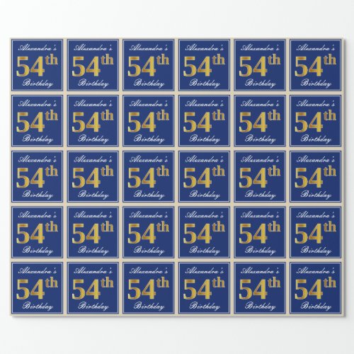 Elegant Blue Faux Gold 54th Birthday  Name Wrapping Paper