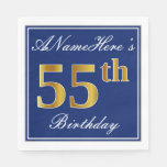 [ Thumbnail: Elegant Blue, Faux Gold 55th Birthday; Custom Name Napkins ]