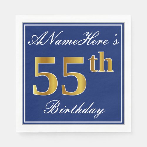 Elegant Blue Faux Gold 55th Birthday Custom Name Paper Napkins