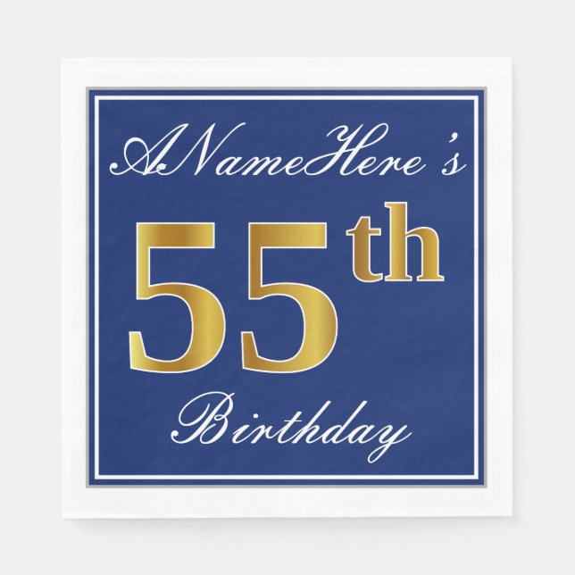Elegant Blue, Faux Gold 55th Birthday; Custom Name Paper Napkins (Front)