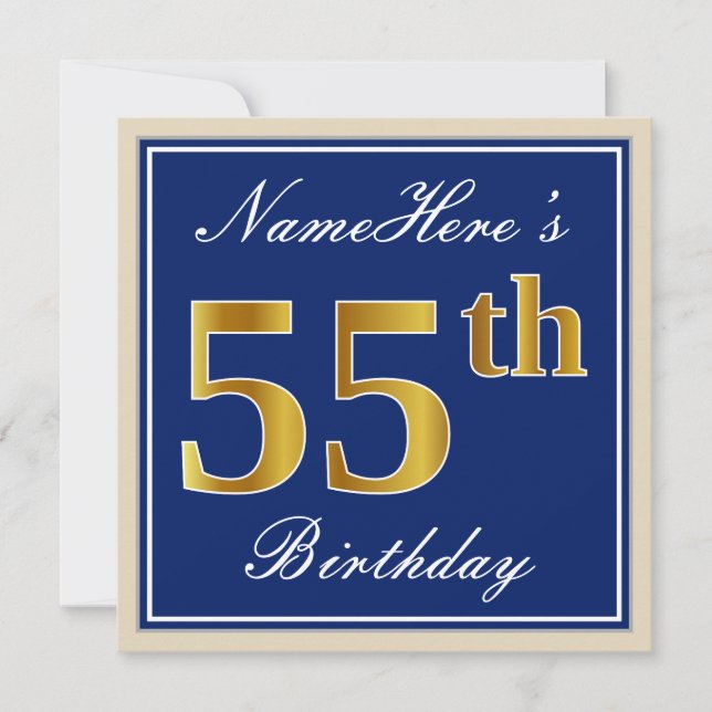 Elegant, Blue, Faux Gold 55th Birthday + Name Invitation (Front)