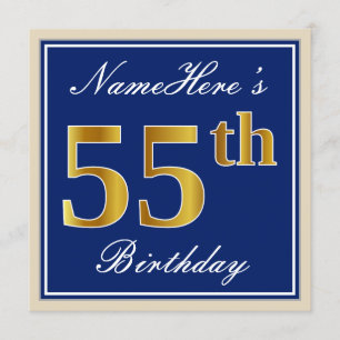 Elegant, Blue, Faux Gold 55th Birthday + Name Invitation