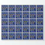 [ Thumbnail: Elegant, Blue, Faux Gold 55th Birthday + Name Wrapping Paper ]