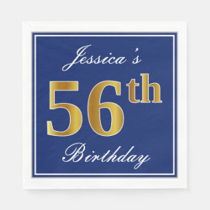 Elegant Blue, Faux Gold 56th Birthday; Custom Name Napkins