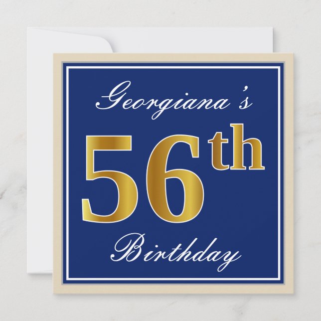 Elegant, Blue, Faux Gold 56th Birthday + Name Invitation (Front)