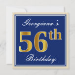 [ Thumbnail: Elegant, Blue, Faux Gold 56th Birthday + Name Invitation ]