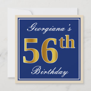 Elegant, Blue, Faux Gold 56th Birthday + Name Invitation