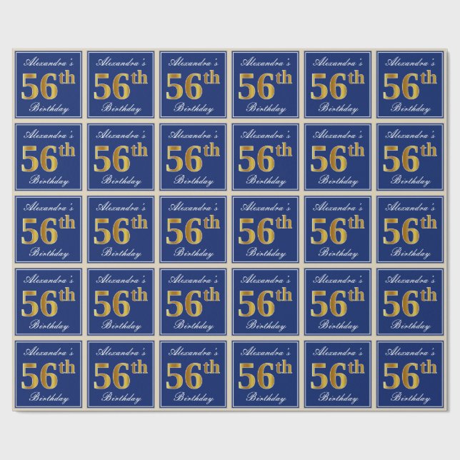 Elegant, Blue, Faux Gold 56th Birthday + Name Wrapping Paper (Flat)
