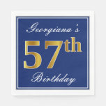 [ Thumbnail: Elegant Blue, Faux Gold 57th Birthday; Custom Name Napkins ]