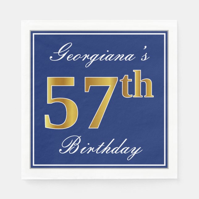 Elegant Blue, Faux Gold 57th Birthday; Custom Name Napkins (Front)