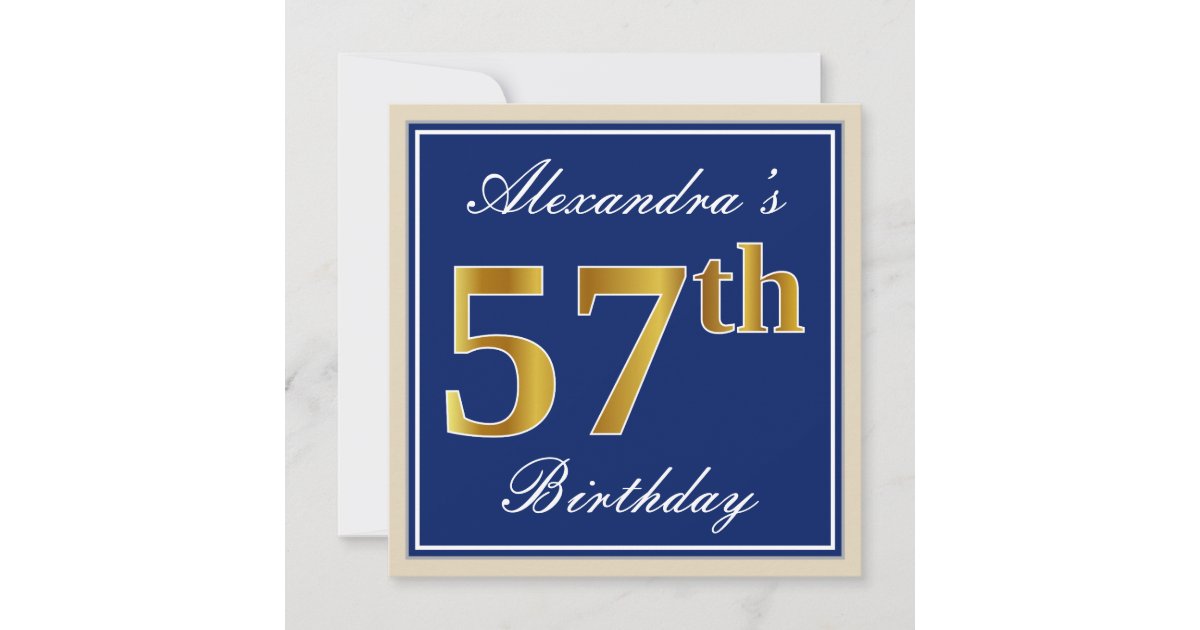 Elegant, Blue, Faux Gold 57th Birthday + Name Invitation | Zazzle
