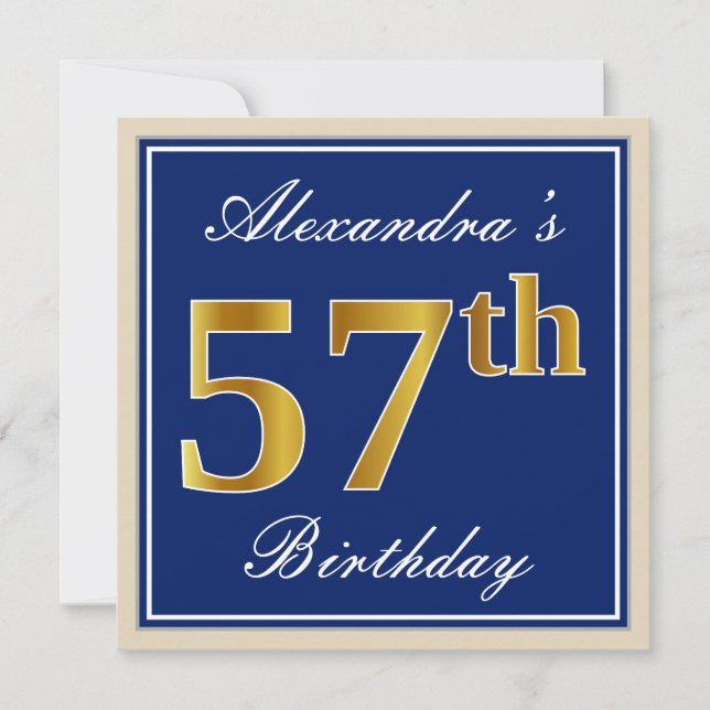 Elegant, Blue, Faux Gold 57th Birthday + Name Invitation (Front)