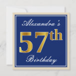 [ Thumbnail: Elegant, Blue, Faux Gold 57th Birthday + Name Invitation ]