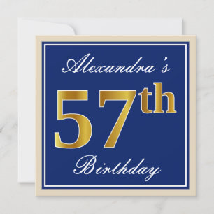 Elegant, Blue, Faux Gold 57th Birthday + Name Invitation
