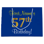 [ Thumbnail: Elegant, Blue, Faux Gold 57th Birthday + Name Gift Bag ]