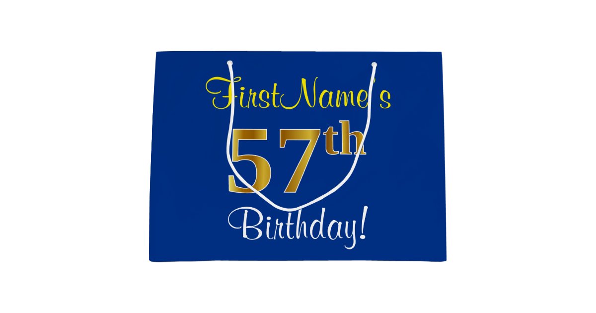 Elegant, Blue, Faux Gold 57th Birthday + Name Large Gift Bag | Zazzle