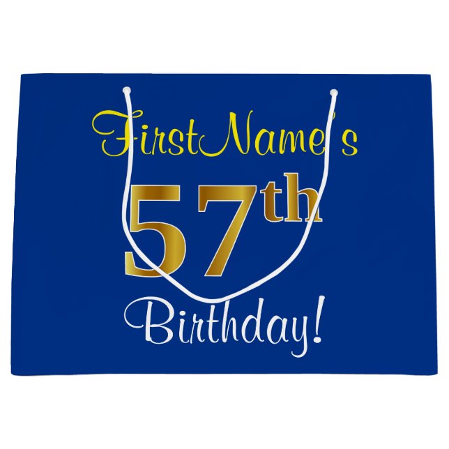 Elegant, Blue, Faux Gold 57th Birthday + Name Large Gift Bag (Front)