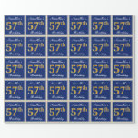 [ Thumbnail: Elegant, Blue, Faux Gold 57th Birthday + Name Wrapping Paper ]