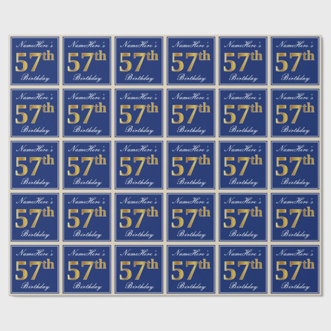 Elegant, Blue, Faux Gold 57th Birthday + Name Wrapping Paper (Flat)
