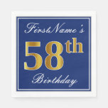 [ Thumbnail: Elegant Blue, Faux Gold 58th Birthday; Custom Name Napkins ]