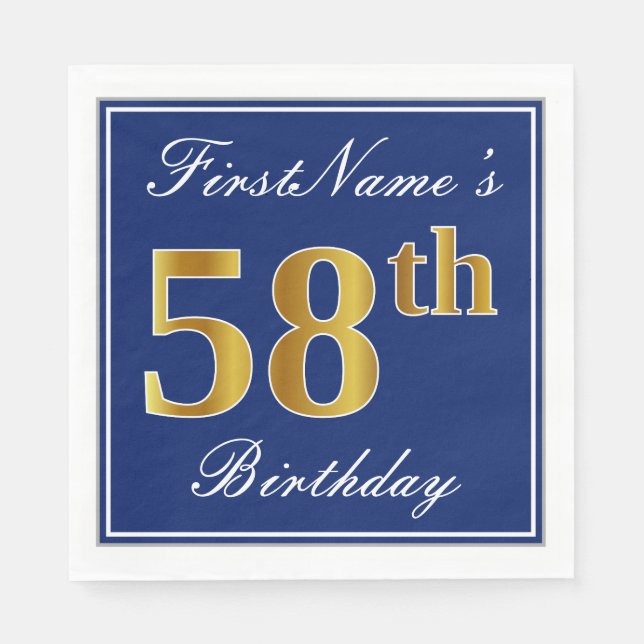Elegant Blue, Faux Gold 58th Birthday; Custom Name Napkins (Front)