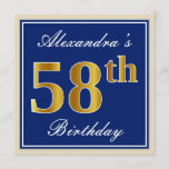 [ Thumbnail: Elegant, Blue, Faux Gold 58th Birthday + Name Invitation ]