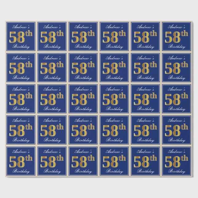 Elegant, Blue, Faux Gold 58th Birthday + Name Wrapping Paper (Flat)