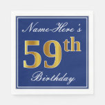 [ Thumbnail: Elegant Blue, Faux Gold 59th Birthday; Custom Name Napkins ]