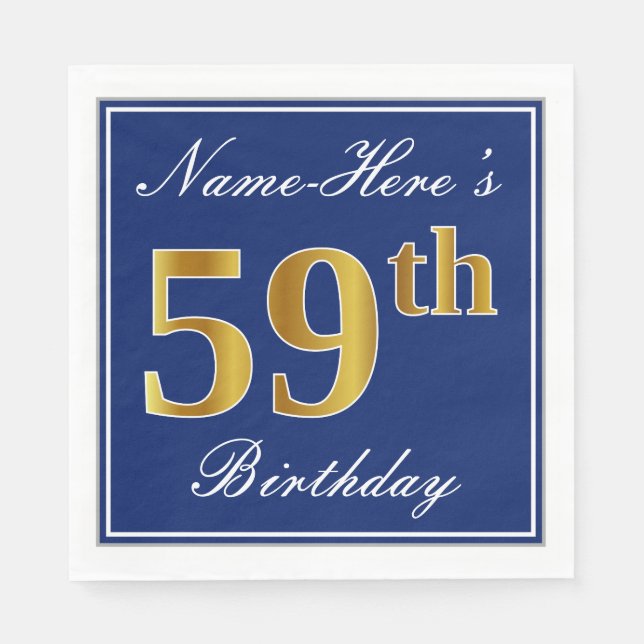 Elegant Blue, Faux Gold 59th Birthday; Custom Name Napkins (Front)