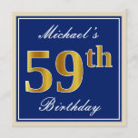 [ Thumbnail: Elegant, Blue, Faux Gold 59th Birthday + Name Invitation ]