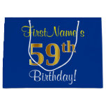 [ Thumbnail: Elegant, Blue, Faux Gold 59th Birthday + Name Gift Bag ]