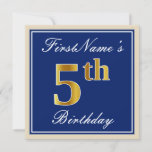 [ Thumbnail: Elegant, Blue, Faux Gold 5th Birthday; Custom Name Invitation ]